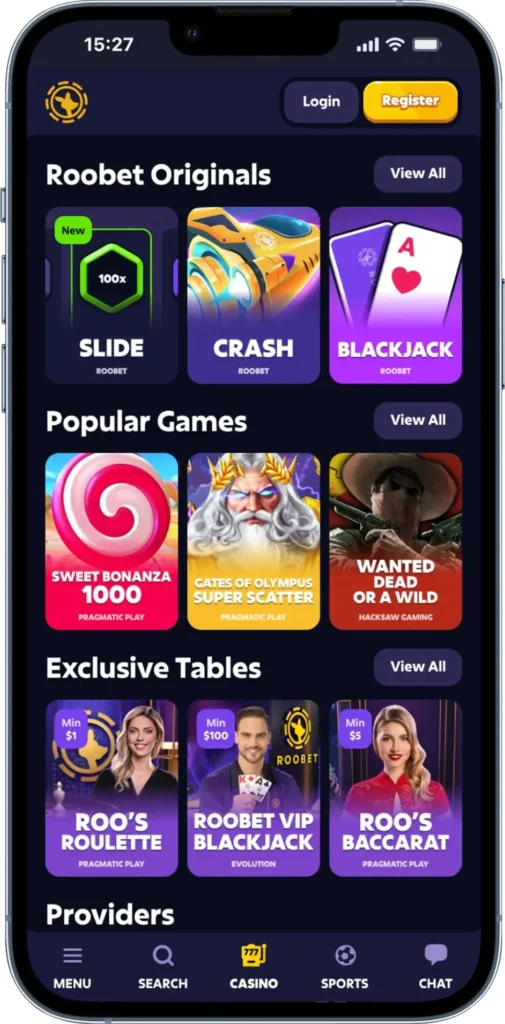 casino roobet app interface
